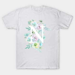 Botanical alphabet N green and purple flowers T-Shirt